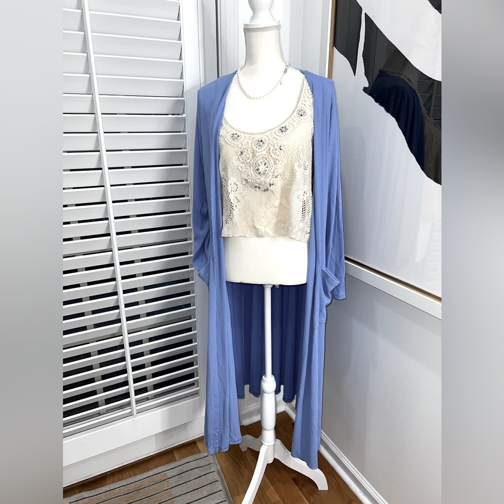 Lularoe Sarah Dusty Blue Ribbed Knit Open Front Duster Cardigan, Size L